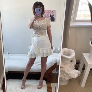 CREAM LINEN BLEND SKIRT SIDE ZIPPER WAIST TIE RUFFLES OPEN FIT AQUA